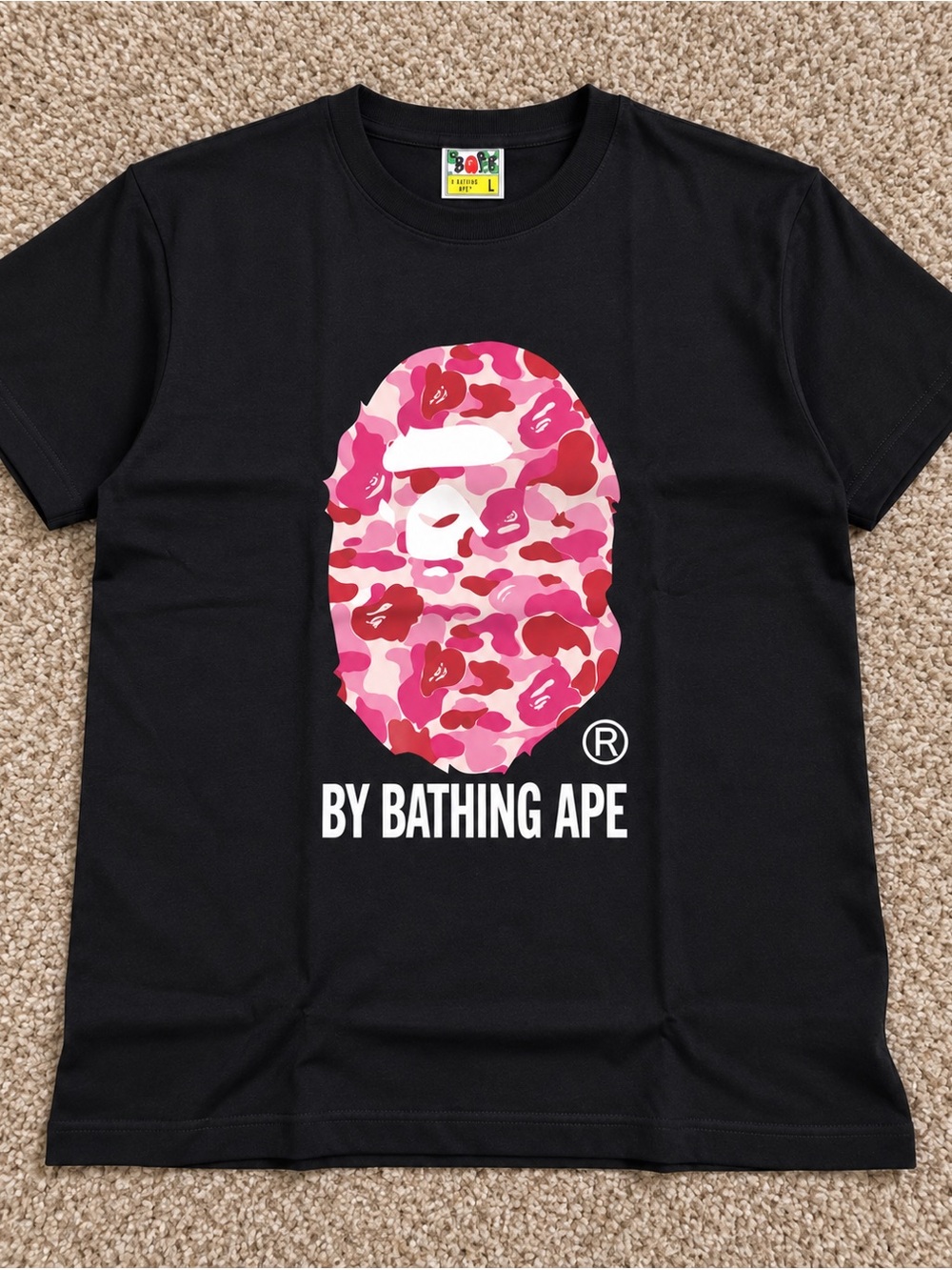 Bape Black Tee with Pink Camo Ape Head